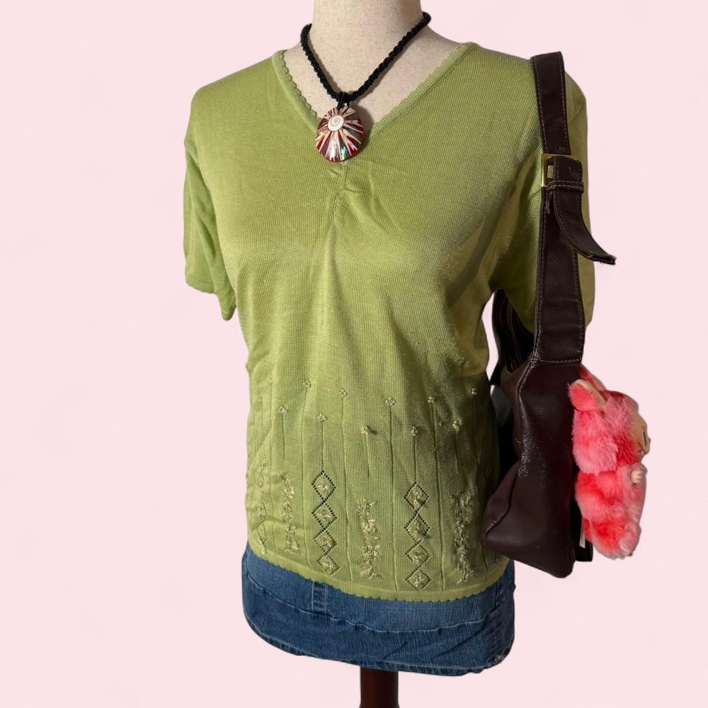 Jenny Vintage Y2K Chartreuse Green Beaded Knit V-Neck Top Fairycore Boho Medium